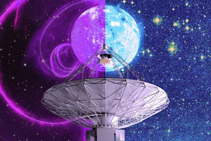Representación artística del radiotelescopio ASKAP de CSIRO con dos versiones del misterioso objeto celeste: estrella de neutrones o enana blanca.