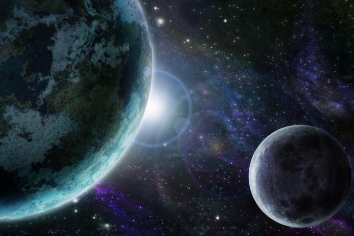 Ilustración digital de la Tierra y la Luna.