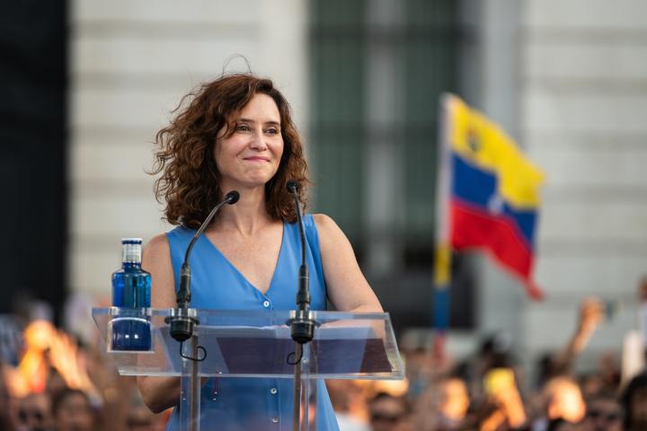 Isabel Díaz Ayuso en la concentración de Madrid contra Nicolás Maduro.