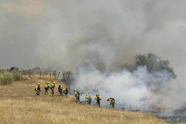 Brigadas Forestales, Agentes Forestales y Bomberos CM intentan controlar un incendio declarado este jueves, en Tres Cantos (Comunidad de Madrid).