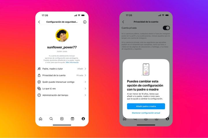 Fotografía cedida por Meta donde se muestra la interfaz de configuración de seguridad de una Cuenta de Adolescente en Instagram que pide el permiso del padre o madre para realizar cambios. La red social Instagram lanzó este martes su Cuenta de Adolescente, una sesión que ofrece más privacidad y más restricciones -controladas por los padres- que los perfiles tradicionales para los adultos y solo los usuarios de 16 años o más pueden alterar algunas de estas configuraciones.