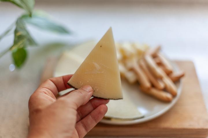 Una persona con una loncha de queso en la mano.