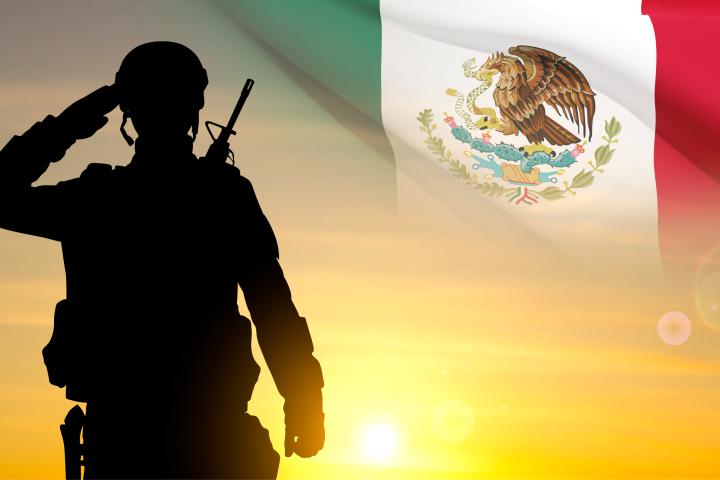 Silueta de un soldado con bandera de México contra la puesta de sol.