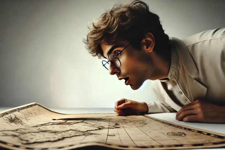 Un científico observa un mapa con sumo asombro