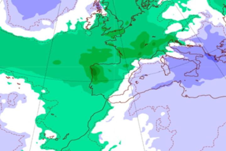 La previsión de anomalía de precipitaciones en España.