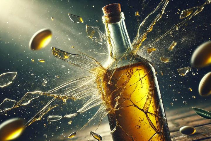 Botella de aceite rompiéndose