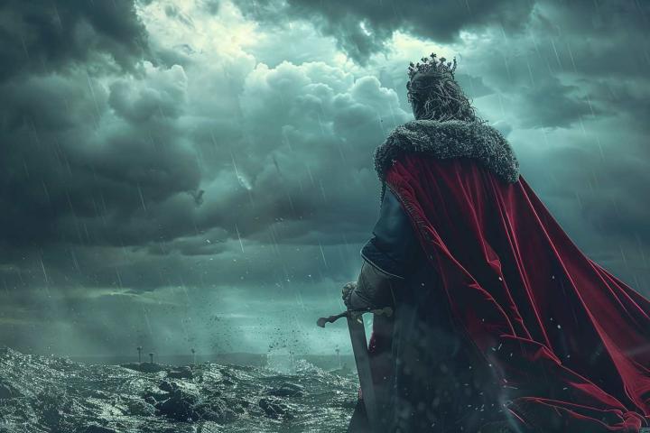 Un rey observando la tormenta en el mar