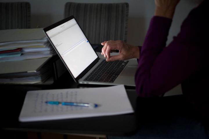 Una mujer, teletrabajando en su casa