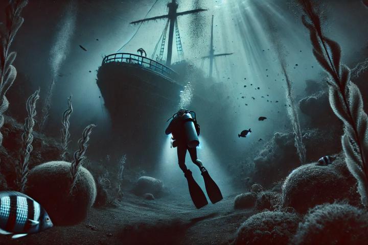 Recreación de un buzo descubriendo un barco hundido