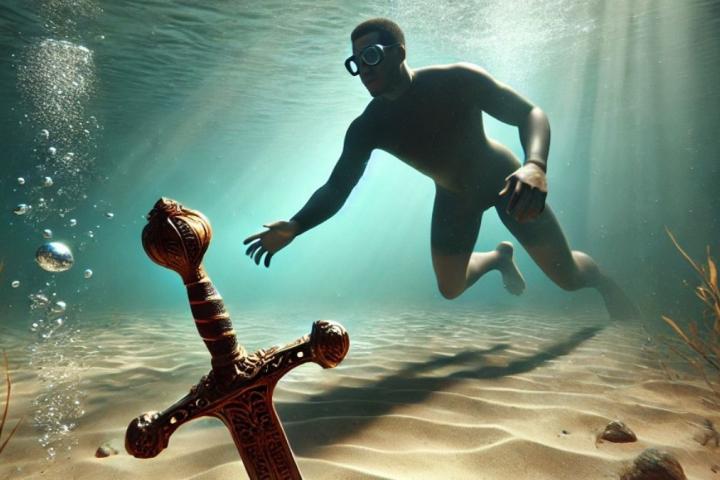 Recreación de un hombre viendo una espada.