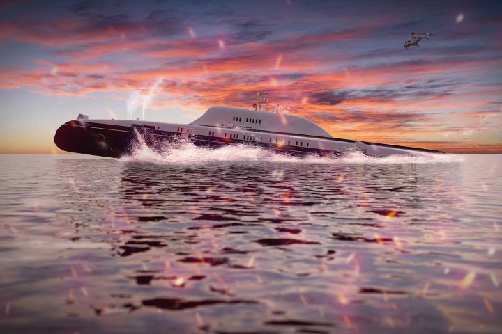 El submarino de lujo rompe las aguas al atardecer, preparado para funcionar como refugio seguro en caso de ataques extremos o emergencias globales.