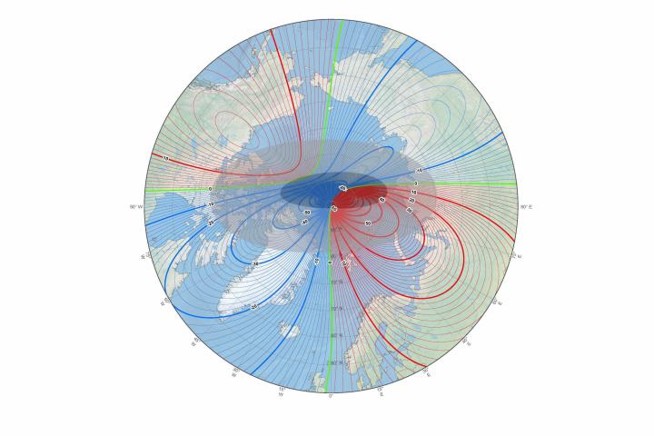 Recreación de un mapa del polo magnético inclinado hacia el norte