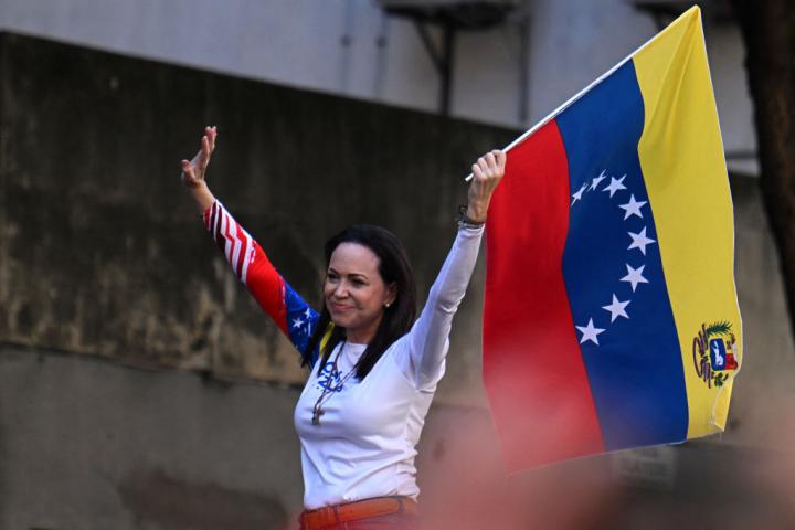 María Corina Machado, en su reaparición en público en la manifestación contra Maduro en Caracas