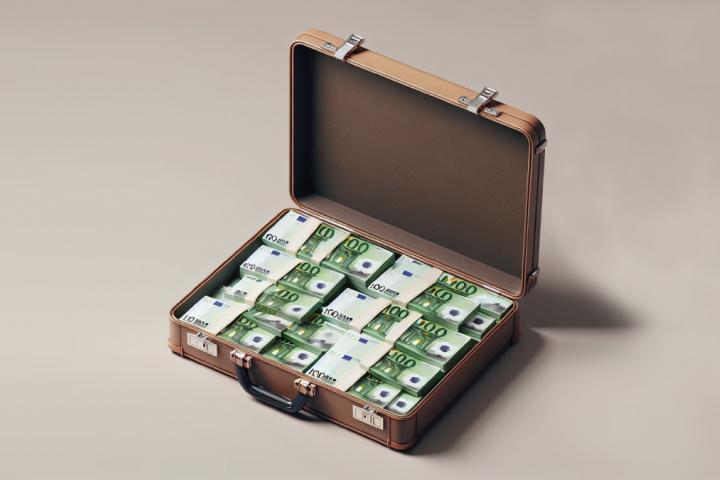 Recreación con IA de un maletín con billetes de 100 euros.