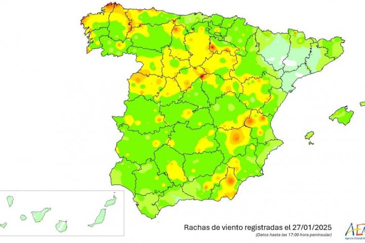 Mapa de los vientos marcados durante la borrasca Herminia
