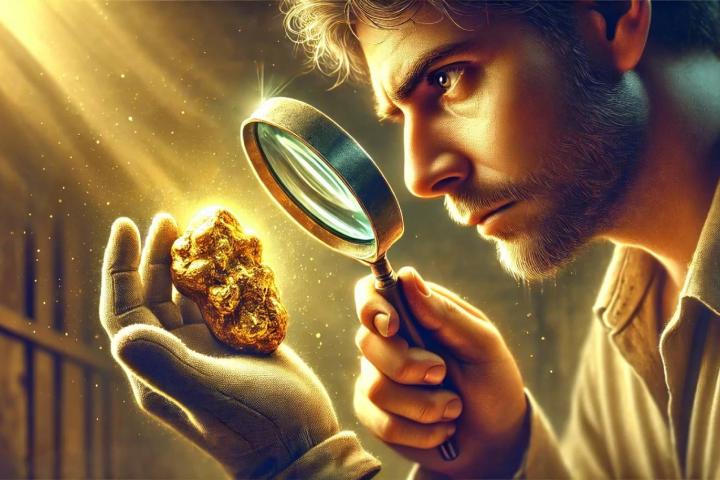 Observando oro con una lupa