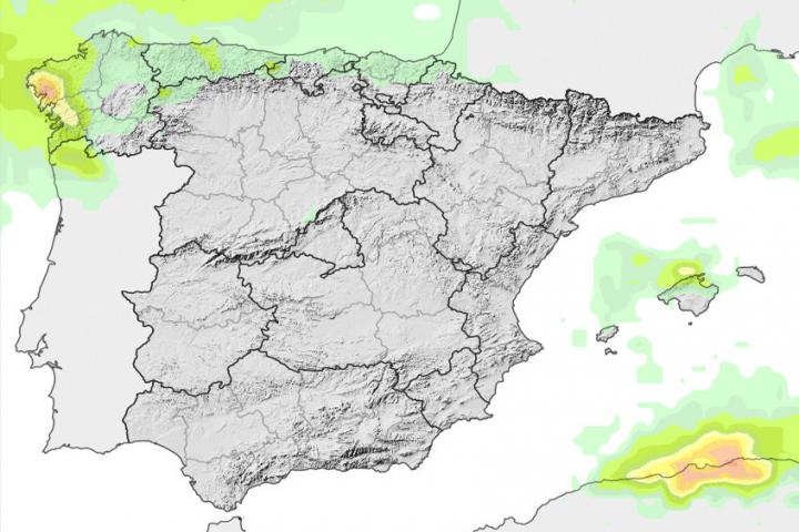 Mapa de probabilidad de precipitación ≥ 10 mm en la Península y Baleares de este jueves