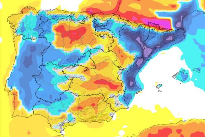 Mapa de variación de la temperatura máxima el sábado 15 de febrero