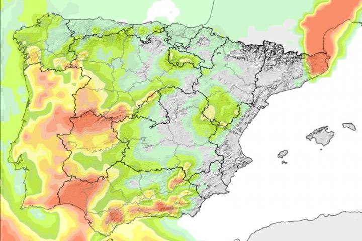 Mapa de probabilidad de precipitación ≥ 0.5 mm en la Península y Baleares de este miércoles 19 de enero