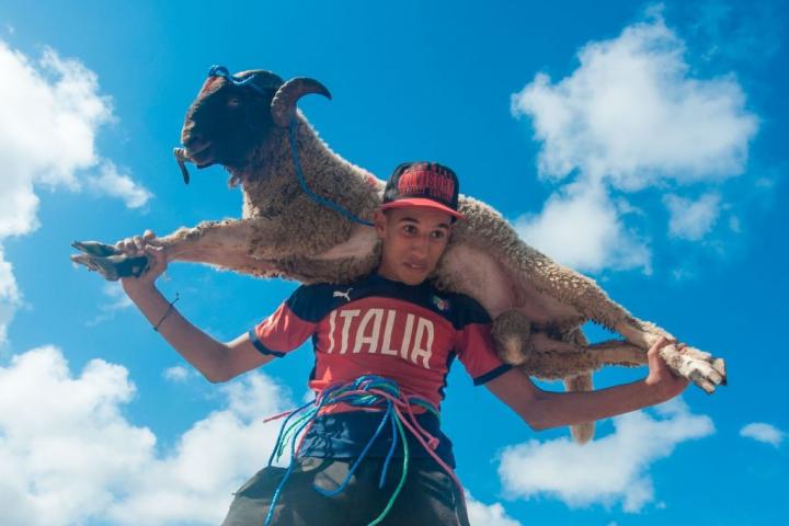 Un hombre carga con un cordero en las celebraciones de la Fiesta del Sacrificio en Marruecos.