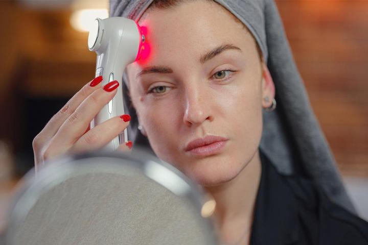 Una chica usando el masajeador facial