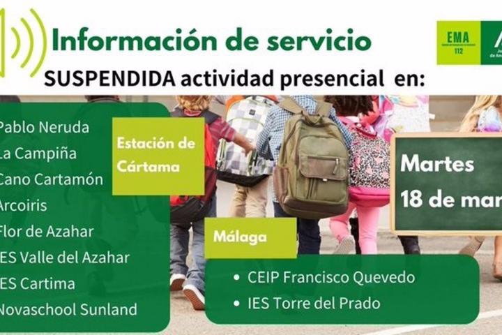 Suspendida la actividad presencial en ocho centros educativos de Estación de Cártama y dos de Málaga.