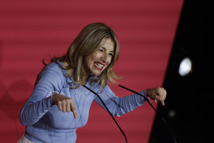 Yolanda Díaz, durante su intervención en la clausura de la Asamblea general de Sumar, este domingo en Madrid.