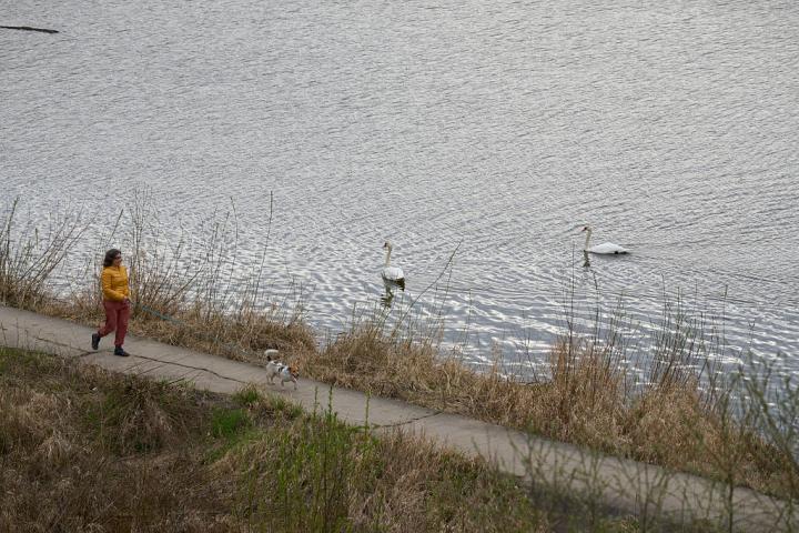 Una mujer camina junto al río Vístula en Varsovia