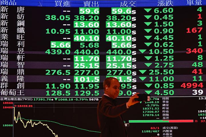 Un hombre se toma selfis con pantallas que muestran la caída de las acciones en Taiwán.