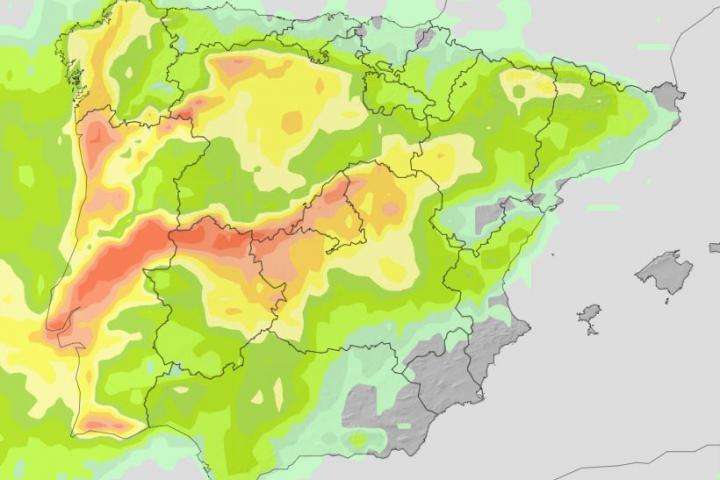 Mapa de probabilidad de precipitación ≥ 10 mm del día 2 de mayo de 2025