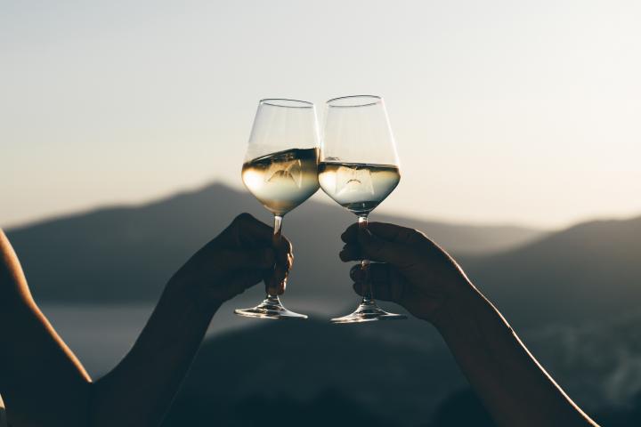 Dos personas brindan con copas de vino