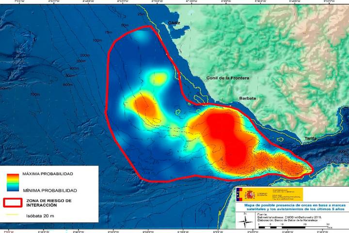 Mapa de las zonas con mayor riesgo de interacciones con las orcas en la costa entre Cádiz y Tarifa.