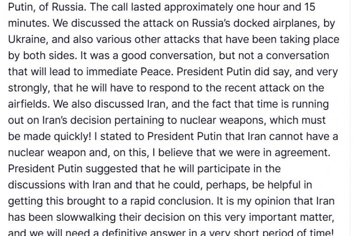 Segundo post de Donald Trump en Truth Social por su llamada a Vladimir Putin