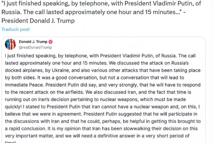 Tuit de la Casa Blanca con el post original de Trump en Truth Social