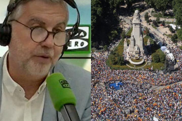 El director de 'Más de Uno' en Onda Cero, Carlos Alsina, y un instante de la manifestación del PP para reclamar la convocatoria de elecciones; en sendas imágenes.