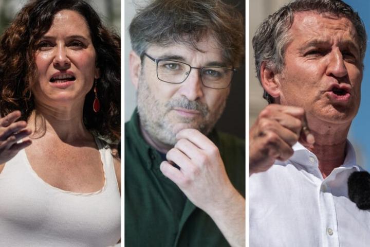 La mandataria madrileña, Isabel Díaz Ayuso, el periodista Jordi Évole, y el líder del PP, Alberto Núñez Feijóo; en sendas imágenes de archivo.