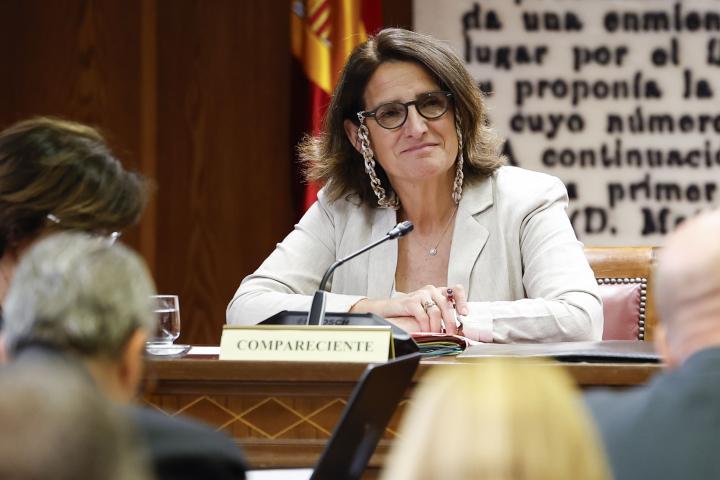 La vicepresidenta de la Comisión Europea y exvicepresidenta del Gobierno, Teresa Ribera, durante su comparecencia en la comisión del caso Koldo, en el Senado.