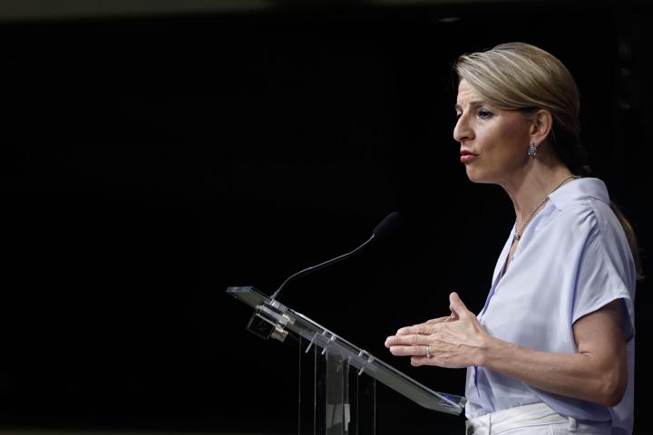 Yolanda Díaz, este jueves, en el Ministerio de Trabajo.