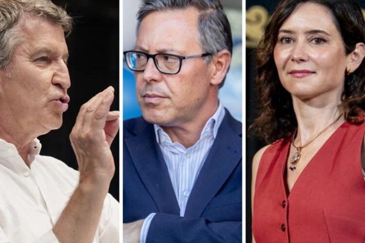 El líder del PP, Alberto Núñez Feijóo; el secretario general del PP de Madrid, Alfonso Serrano; y la mandataria madrileña, Isabel Díaz Ayuso; en sendas imágenes de archivo.