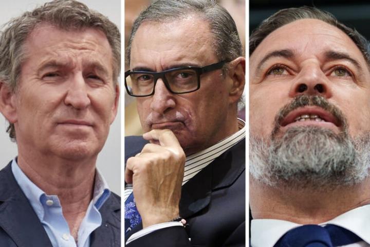 El líder del PP, Alberto Núñez Feijóo; el periodista de COPE Carlos Herrera y el dirigente de Vox, Santiago Abascal; en sendas imágenes de archivo.