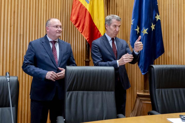 El líder del PP, Alberto Nuñez Feijóo, y su portavoz parlamentario en el Congreso, Miguel Tellado; en una imagen de archivo.