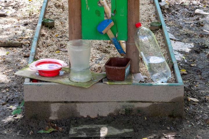 Botellas y recipientes para el agua, en un parque canino