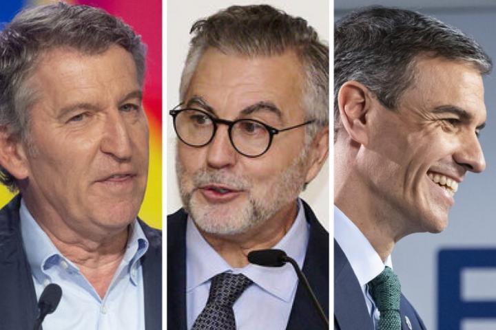 El presidente del PP, Alberto Núñez Feijóo; el periodista de 'Onda Cero' Carlos Alsina; y el presidente del Gobierno, Pedro Sánchez; en sendas imágenes de archivo.