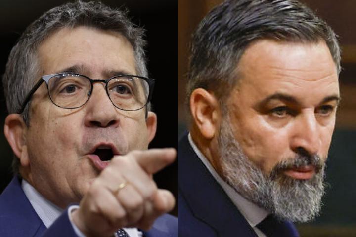 El portavoz parlamentario del PSOE, Patxi López, y el líder de Vox, Santiago Abascal; en sendas imágenes durante el pleno monográfico sobre corrupción en el Congreso.