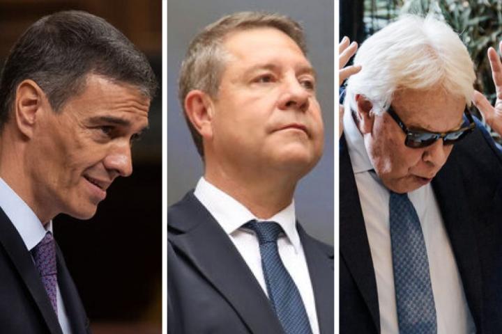 El presidente del Gobierno, Pedro Sánchez; el presidente de la Junta de Castilla-La Mancha, Emiliano García-Page; y el expresidente Felipe González; en sendas imágenes, respectivamente.