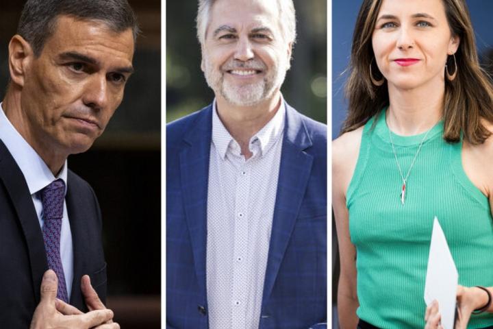 El presidente del Gobierno, Pedro Sánchez; el periodista Carlos Alsina; y la secretaria general de Podemos, Ione Belarra; en senda imágenes de archivo, respectivamente.