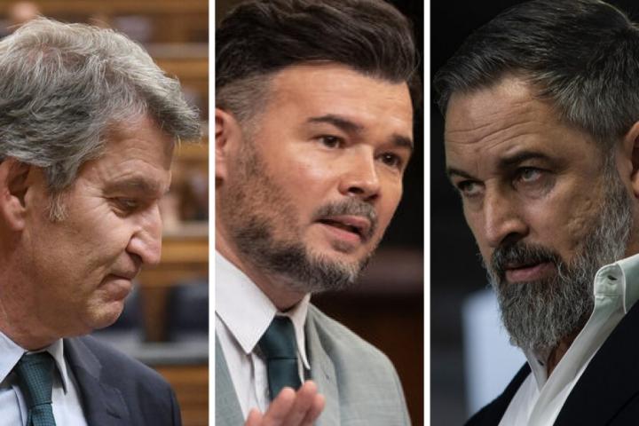 El líder del PP, Alberto Núñez Feijóo; el portavoz parlamentario de ERC en el Congreso, Gabriel Rufián; y el presidente de Vox, Santiago Abascal; en sendas imágenes de archivo, respectivamente.