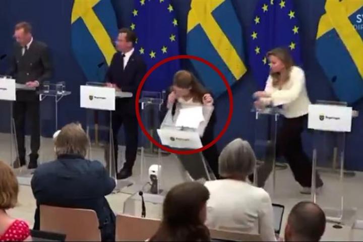 Un fotograma del instante en que la nueva ministra de Sanidad sueca, Elisabet Lann, se desploma contra el atril.