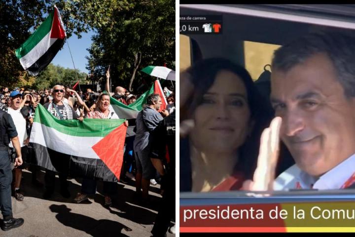 Manifestantes en La Vuelta y la presidenta de la Comunidad de Madrid, Isabel Díaz Ayuso.