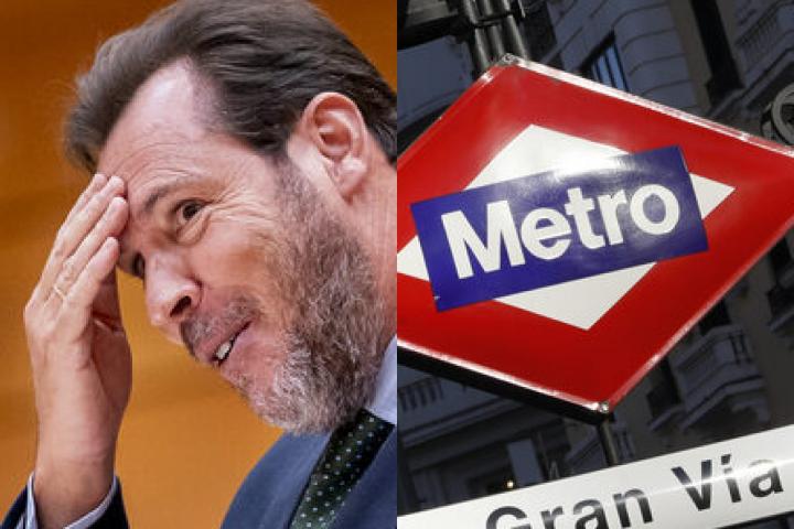 El ministro de Transportes, Óscar Puente; y el logo de Metro Madrid en una de las bocas de acceso de Gran Vía; en sendas imágenes de archivo.